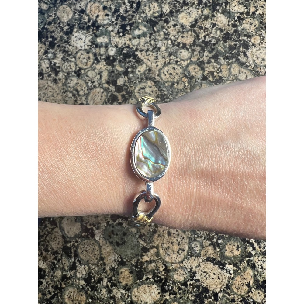 Avon Vintage Two Tone Abalone Shell Cuff Bracelet Silver Gold Tone Accents